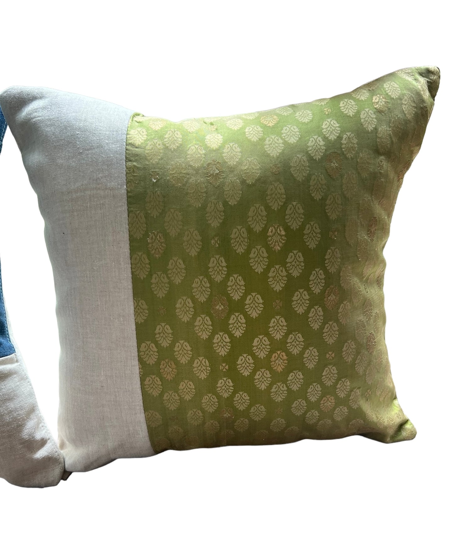 16"x16" green sari/linen pillow